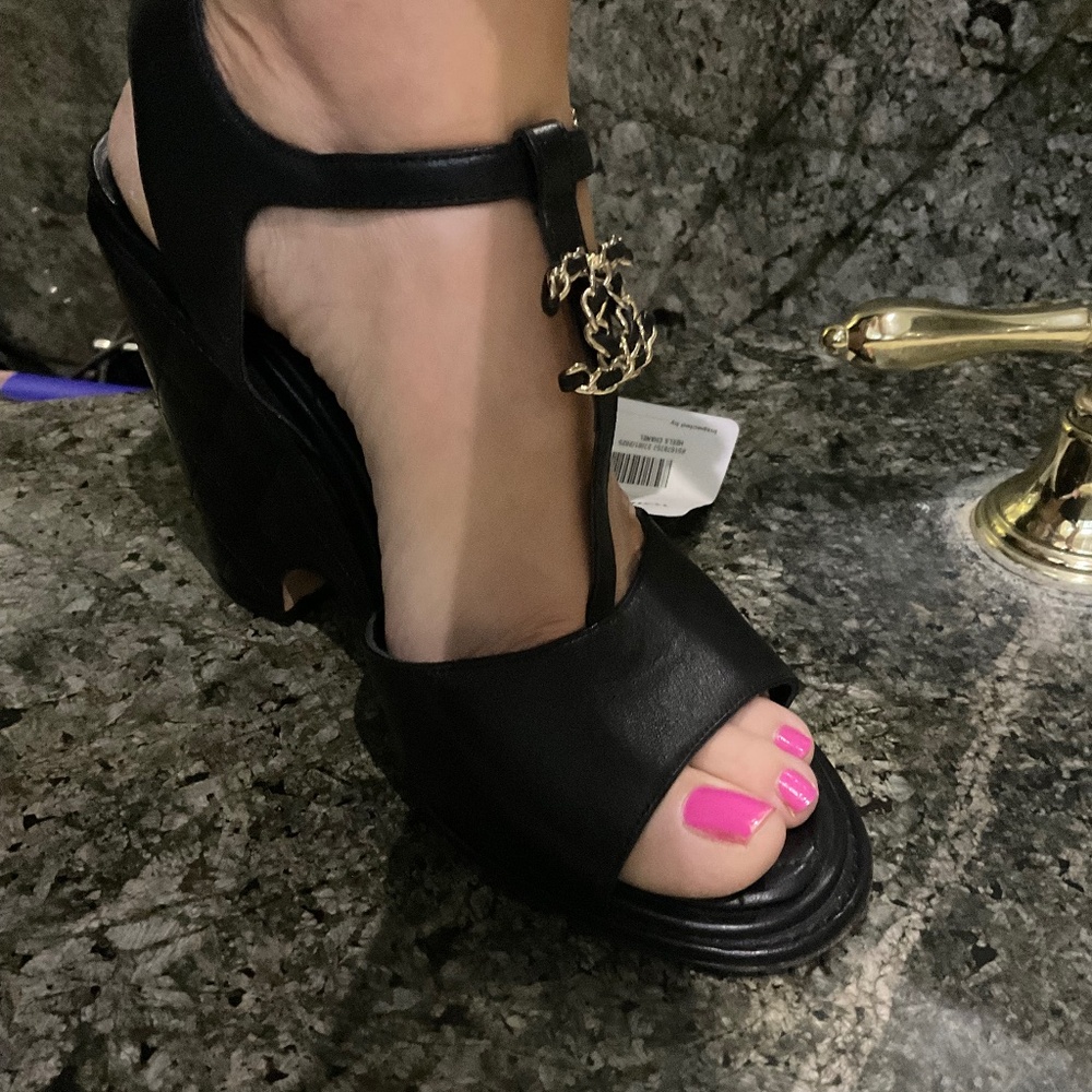 CHANEL BLACK QUILTED HEEL WEDGES SANDALS !!